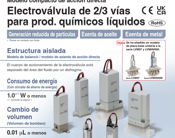 LVM10/100, Electroválvula compacta de 2/3 vías de acción directa para productos químicos