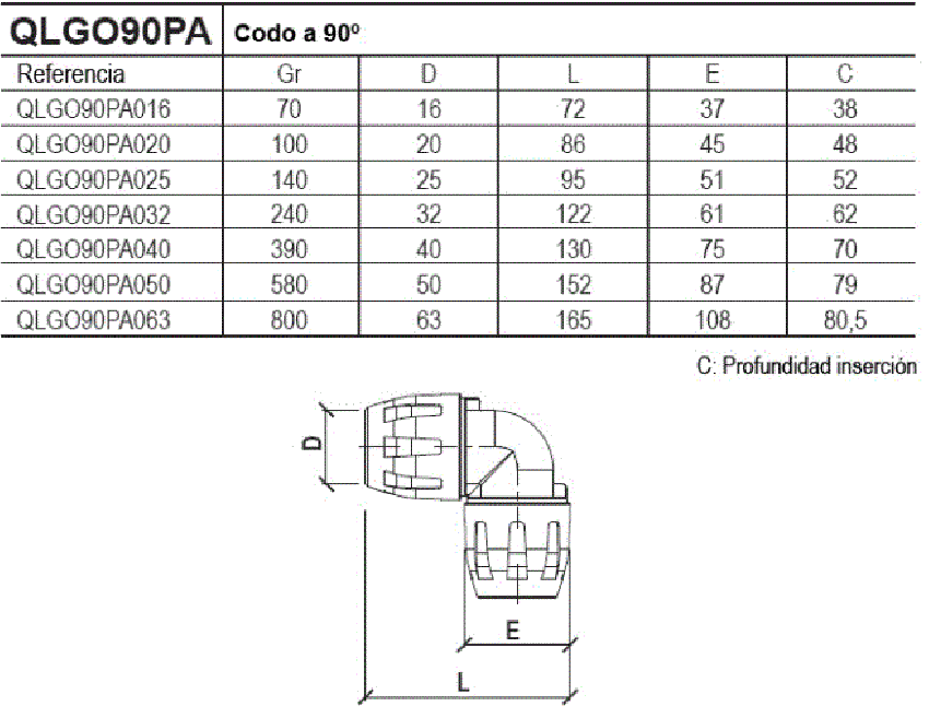 Codo a 90º Tecnopolímero ref. QLGO90PA