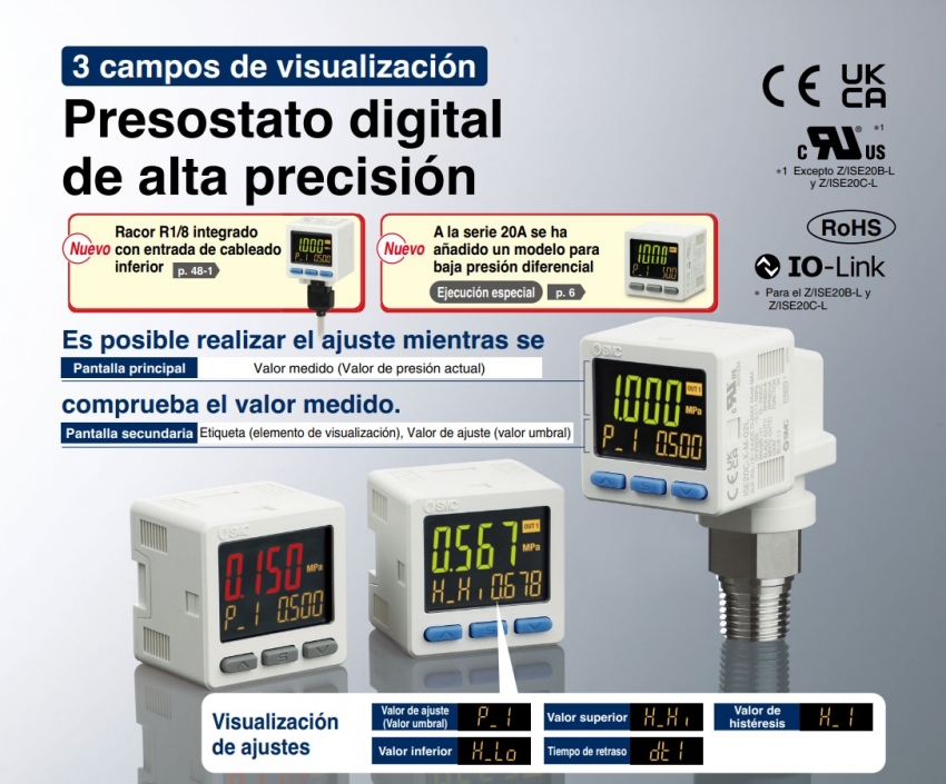 Presostato digital de gran precisión ISE20B - ZSE20B - para aire, vacío IP65 