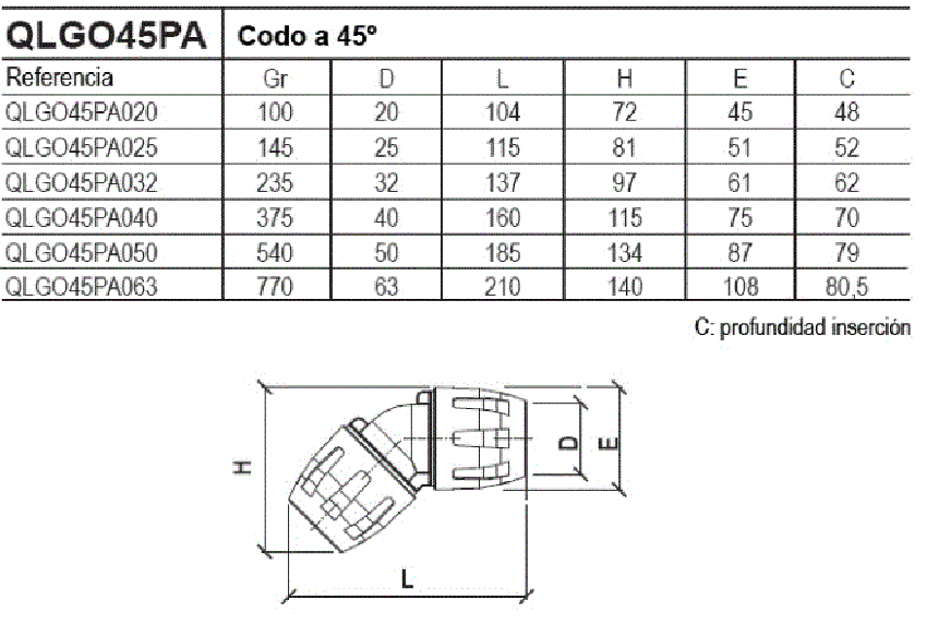 Codo a 45º Tecnopolímero ref. QLGO90PA