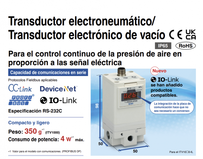 Transductor electrónico de vacío serie ITV
